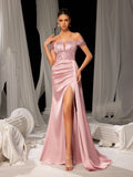 Elegant Satin Gown with Thigh-High Slit & Sequined Bodice – Luxury Evening Wear for Red Carpet, Gala Dinners & Luxury Weddings