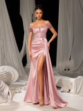Elegant Satin Gown with Thigh-High Slit & Sequined Bodice – Luxury Evening Wear for Red Carpet, Gala Dinners & Luxury Weddings