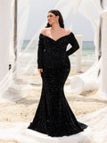 Plus Gorgeous Off Shoulder Mermaid Hem Sequin Evening Dress