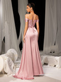 Elegant Satin Gown with Thigh-High Slit & Sequined Bodice – Luxury Evening Wear for Red Carpet, Gala Dinners & Luxury Weddings