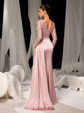 Elegant Satin Evening Gown with High Side Slit & Beaded Sequin Sleeves – Luxurious for Art Gallery Openings or Luxury Charity Galas, XS-XL