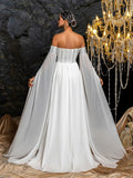 Elegant Off-Shoulder Chiffon Evening Gown | Sequin Bodice with Draped Sleeves and Flowing Skirt