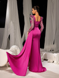 Elegant Satin Evening Gown with Sweetheart Neckline & Sequin Embellished Sleeves – High Slit Mermaid Silhouette for Luxury Weddings or Red Carpet Events, XS-XL