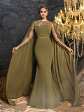 Gorgeous Chiffon Mermaid Evening Dress | Rhinestone Embroidered Bodice with Flowing Cape