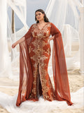 Plus Gorgeous Sequin Embroidery Evening Gown - V-Neck Mermaid Dress with Cape Sleeves & High Slit