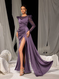 Elegant Evening Gown with Thigh-High Slit & Sequined Sleeves - Idea for Luxury Fashion Shows or Premium Brand Events, XS-XL