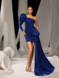 Elegant One-Shoulder Satin Party Dress with Dramatic Puffed Sleeves & Flowing Train for Cocktail Parties or Luxury Brand Events, XS-XL