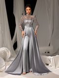 Luxe Sequin-Trimmed Jumpsuit with Glittering Bodice & Satin Wide-Leg Pants for Evening Glam, XS-XL
