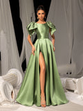 Elegant Satin Evening Gown with Bow Shoulder & Dramatic High Slit – Luxurious Evening Wear for Red Carpet, Formal Galas & Wedding Receptions