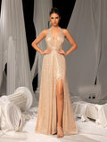 Elegant Sequin Halter Evening Gown with High Slit – Luxury Evening Wear for Red Carpet, Gala Dinners & Cocktail Parties