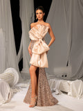 Elegant Strapless Sequined Evening Gown with High Slit & Bow – Mermaid Silhouette for Luxury Weddings or Red Carpet Events, XS-XL