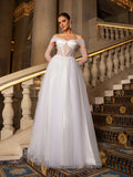Elegant Off Shoulder Sheer Sleeves Tulle Evening Gown Wedding Dress
