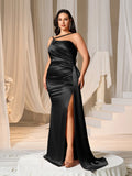 Plus Asymmetric Neckline Satin Mermaid Hem Party Dress Evening Dress Bridesmaids Dress