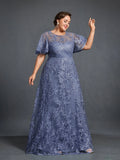 Plus Womens‘ Floral Embroidered Butterfly Sleeves A Line Formal Evening Dress