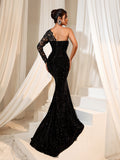 Luxe Sequin Evening Gown with Lace Sleeve & Mermaid Silhouette – Glamorous Evening Wear for Weddings or High-End Events, XS-XL