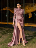 Elegant High-Neck Long-Sleeve Beaded Mermaid Gown with High Slit & Floor-Length Train