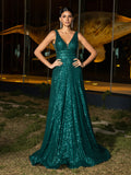 Elegant V Neck Sleeveless A Line Sequin Party Dress