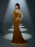 Elegant Asymmetrical Neck Contrast Sequin Mermaid Hem Velvet Evening Dress