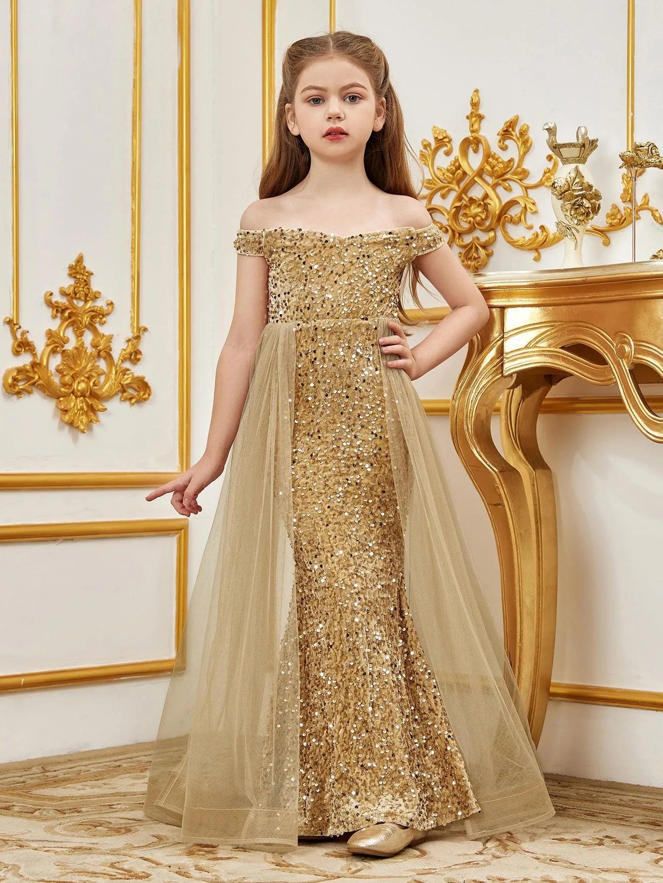 Tween Girls' Off Shoulder Mesh Overlay Sequined Prom Dress Champagne / 12Y Tween Girls' Off Shoulder Mesh Overlay Sequined Prom Dress Champagne / 12Y