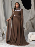 Plus Mock Neck Extra-Long Sleeves Chiffon Evening Gown with White Bead Accents