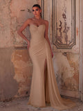 Elegant Strapless Sweetheart Neckline Mermaid Gown with Ruched Bodice, High Front Slit and Corset Back Lace-Up Detail | Evening Dress for Girls, Weddings, Formal Events