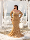 Plus Elegant Off Shoulder Lone Sleeves Mermaid Hem Sequin Evening Dress