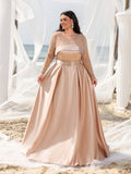 Plus Beaded Sheer Sleeve Formal Dress | Wide Belting | Satin A-Line Evening Gown