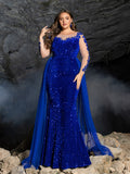 Plus Gorgeous Sequin Mermaid Evening Gown - Illusion Neckline Formal Dress with Long Lace Sleeves & Train