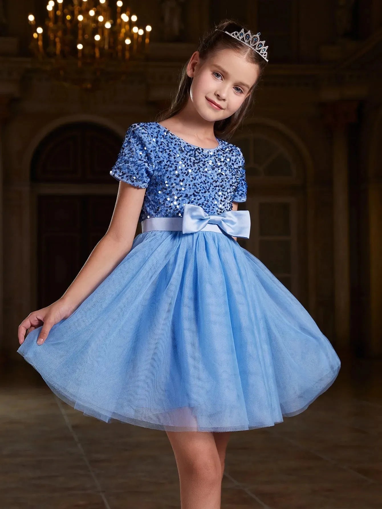 Tween Girls Bow Detail Sequin Contrast Mesh Hem Dress Elonnashop