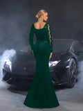 Elegant Asymmetric Long Sleeve Mermaid Gown with Sequined Accents, Luxury Evening Dress
