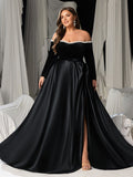 Plus Women's Pearl Accented Off-The-Shoulder Formal Gown | Long Sleeves | Defined Waist Belt | Full Flared Skirt