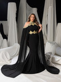 Plus Luxury Mermaid Gown with Flowing Cape & Gold Embellishments for Red Carpet or Luxury Weddings, 1XL-5XL
