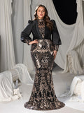 Plus Floral Sequin High-Neck Mermaid Gown with Voluminous Puff Sleeves
