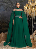 Dramatic Cape Evening Dress | High Neck Chiffon with Rhinestone Details