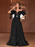 Off Shoulder Puff Sleeves Sequin A Line Dresses - Elonnashop