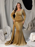 Plus Elegant Pearl Embellished Diagonal Neck Mermaid Hem Velvet Evening Dress