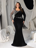 Plus Velvet Mermaid Gown with Sweetheart Neckline, Long Sleeves and Sequins Embroidery