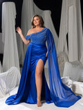 Plus Rhinestone Decor One Shoulder Cape Evening Gown with High Slit