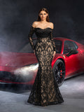Gorgeous Off Shoulder Sheer Sleeves Mermaid Hem Lace Evening Dress