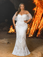Plus Off-Shoulder Fringe Embellished Gown | Corset Mermaid Dress with Sheer Panel Detailing