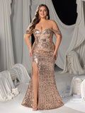 Plus Off Shoulder Mermaid Hem Sequin Evening Dress with Side Slit