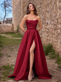 Elegant Strapless Satin Maxi Dress with High Front Slit, Open Back Lace-Up Corset, Flowy A-Line Skirt for Galas, Weddings, Prom