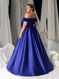 Plus Size Off-Shoulder Sequin Evening Gown - Formal Dress with Voluminous Satin Skirt