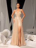 Elegant Sequin Halter Evening Gown with High Slit – Luxury Evening Wear for Red Carpet, Gala Dinners & Cocktail Parties