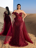 Plus Gorgeous Strapless Mesh Overlay Mermaid Hem Beaded Seuqin Evening Dress