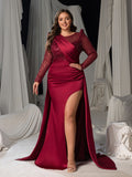 Plus Sequin Long Sleeve V-Neck Formal Dress, Satin Mermaid Train Evening Gown