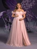 Plus Maternity  Off Shoulder Ruched Bust Split Tulle Evening Dress