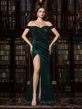 Elegant Off-Shoulder Mermaid Gown with Sequined Velvet, High Slit & Floor-Length Train