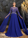Gorgeous Chiffon Evening Gown with Sequins, Beads & Geometric V-Details, Long Sleeve Cape & Full Flowing Skirt
