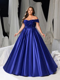 Plus Size Off-Shoulder Sequin Evening Gown - Formal Dress with Voluminous Satin Skirt